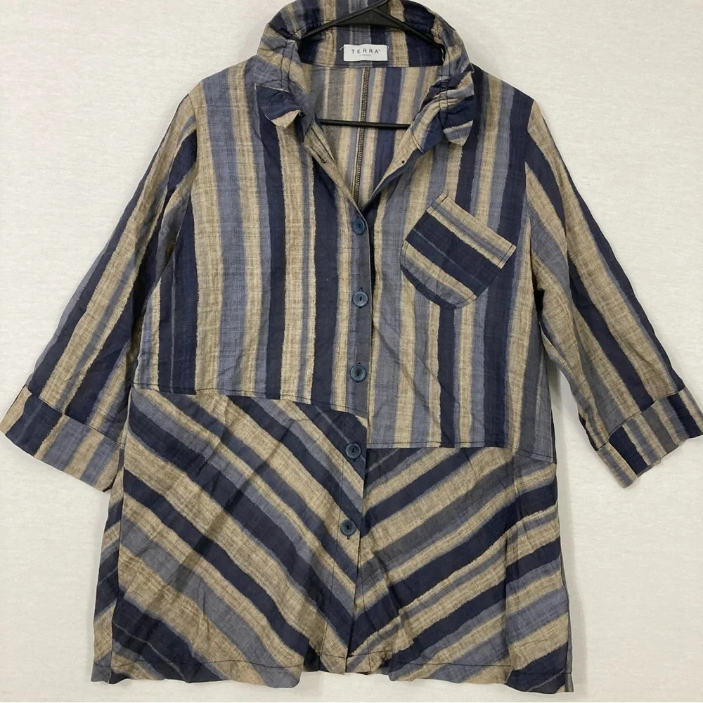 Terra Blue Tan Striped Lagenlook Artsy‎ Button Down Size Medium